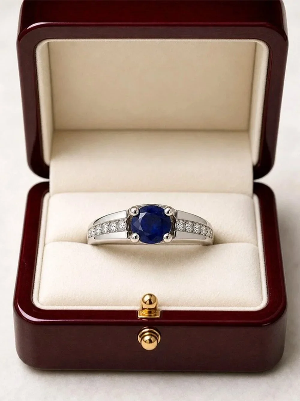 Natural 0.68 Cts Blue Sapphire & Diamonds Ring 14k White Gold